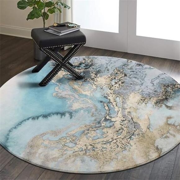 Marble Pattern Round Area Rug - 4' Diameter Faux Wool Non-Slip Area Rug - Picture 8 of 8